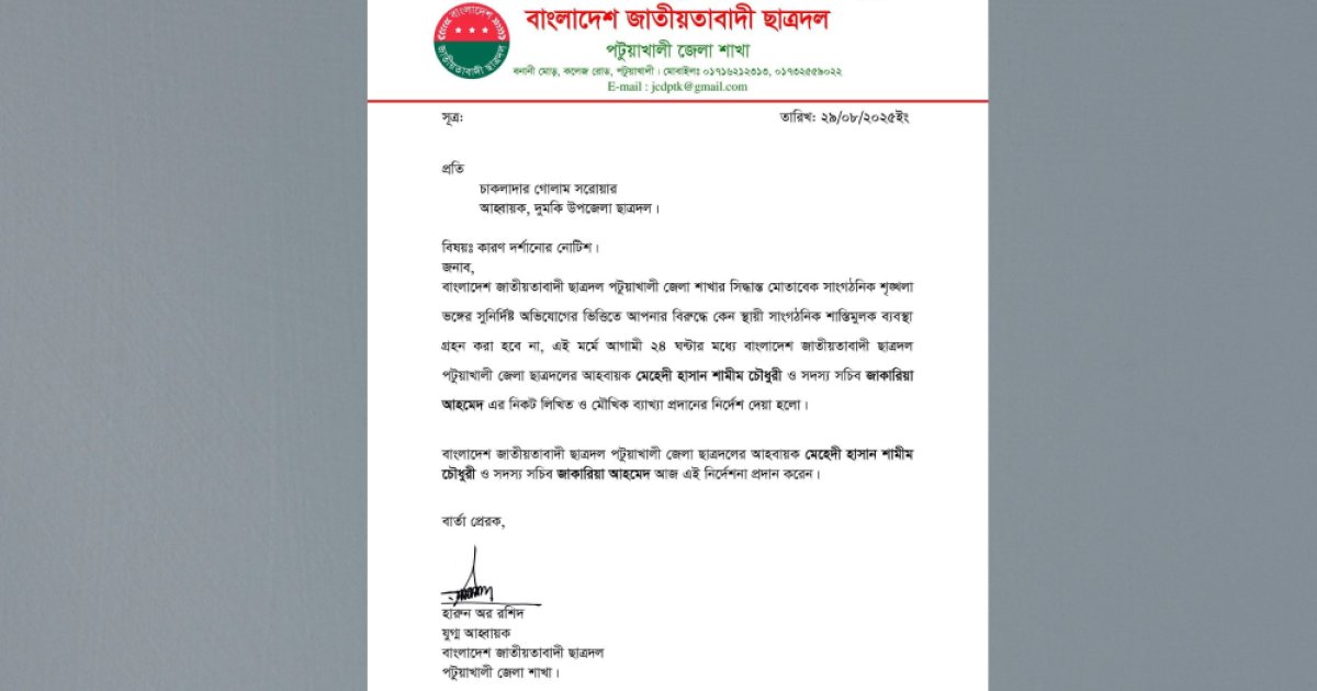 দুমকিতে ছাত্রদল আহ্বায়কে শোকজ