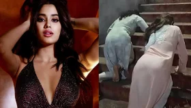 হাঁটুতে ভর দিয়ে সিঁড়িতে উঠলেন জাহ্নবী