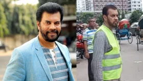 শিক্ষার্থীদের সঙ্গে রাস্তায় ট্রাফিক নিয়ন্ত্রণ করছেন ইলিয়াস কাঞ্চন