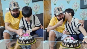 নতুন লুকে ছেলের জন্মদিনে কেক কাটলেন শাকিব