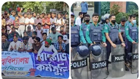 তিতুমীর কলেজের ভেতরে শিক্ষার্থীদের বিক্ষোভ, বাইরে পুলিশের অবস্থান