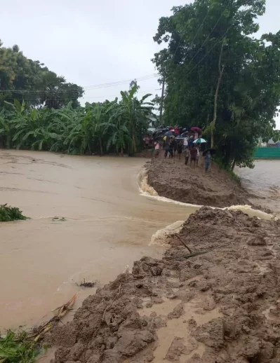 বন্যা নিয়ন্ত্রণ বাঁধ পানি প্রবেশ করছে ফেনীর এক লোকালয়ে।