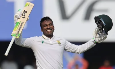 বর্ষাপাড়া স্টেডিয়ামে প্রথম সেঞ্চুরির পর সেনুরান মুথুসামির উদযাপন।
