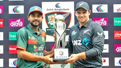 সিরিজ ট্রফি উন্মোচন করলেন মেহেদী হাসান মিরাজ ও টম ল্যাথাম