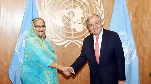 প্রধানমন্ত্রী শেখ হাসিনা ও জাতিসংঘ মহাসচিব আন্তোনিও গুতেরেস। ফাইল ছবি